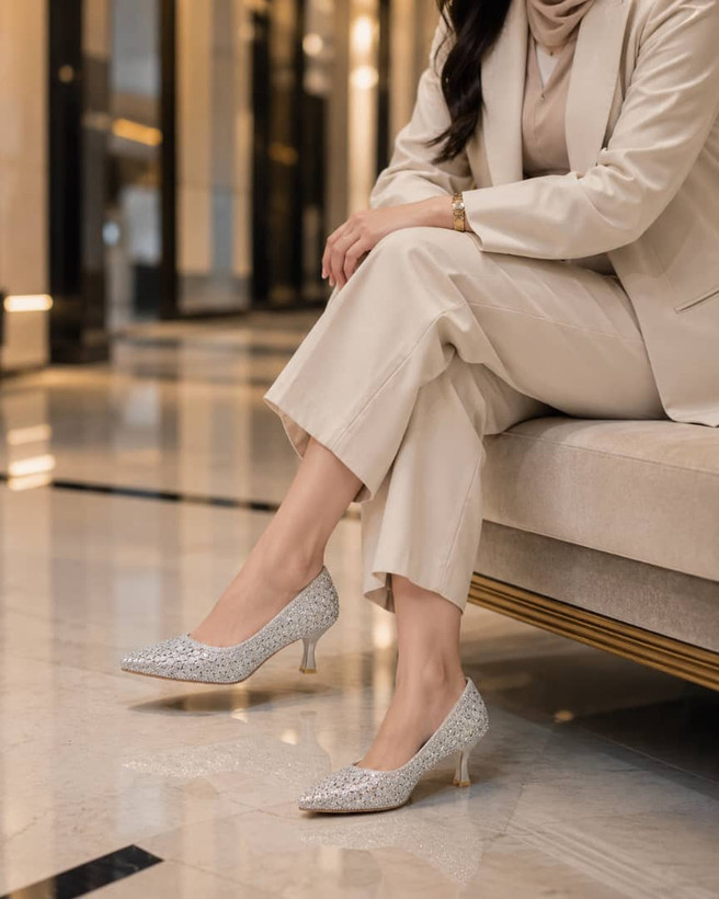 کفش مجلسی نگینی زنانه پاشنه پنج سانت رنگ مشکی و نقره ای کد۱-۹۸۰