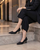 کفش مجلسی نگینی زنانه پاشنه پنج سانت رنگ مشکی و نقره ای کد۱-۹۸۰